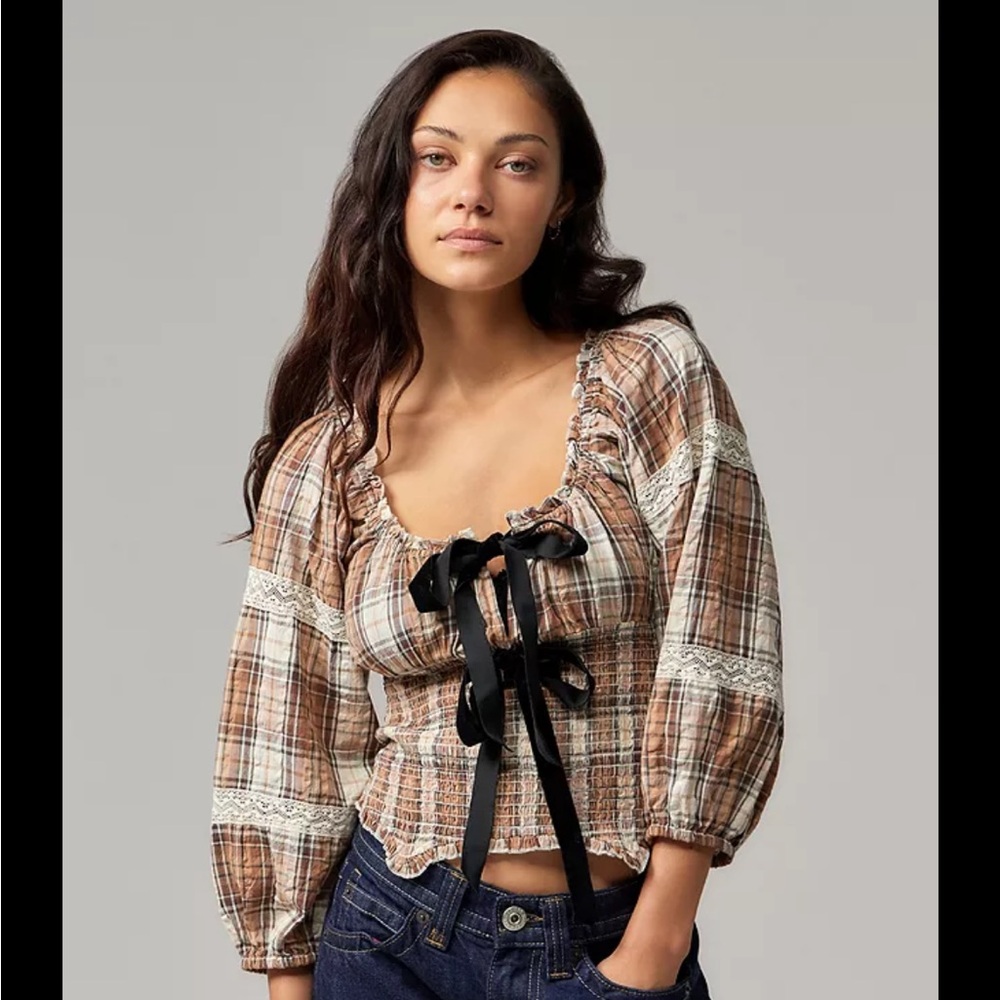 Urban Outfitters Marley Blouse Plaid Romantic Bows Brown Small Lace Velvet